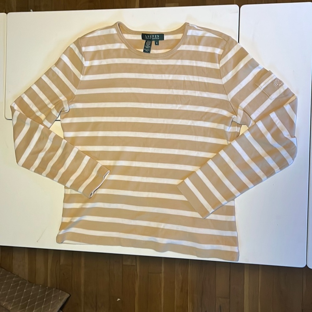 Quarter sleeve tan and white striped shirt Ralph Lauren